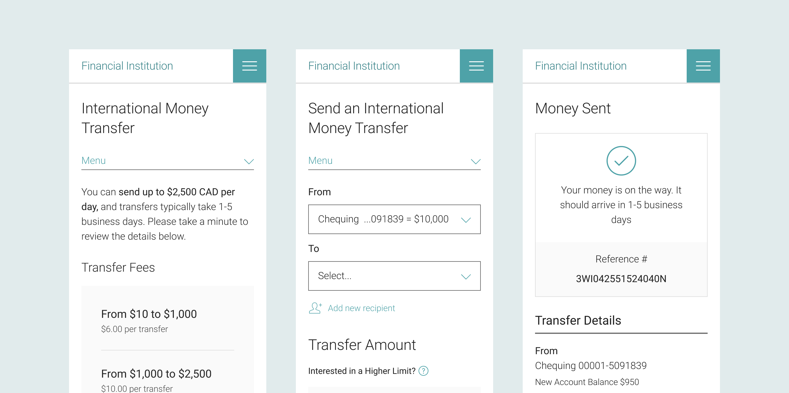 IMT Landing page, Transfer Details page, and final Confirmation page on XS screens