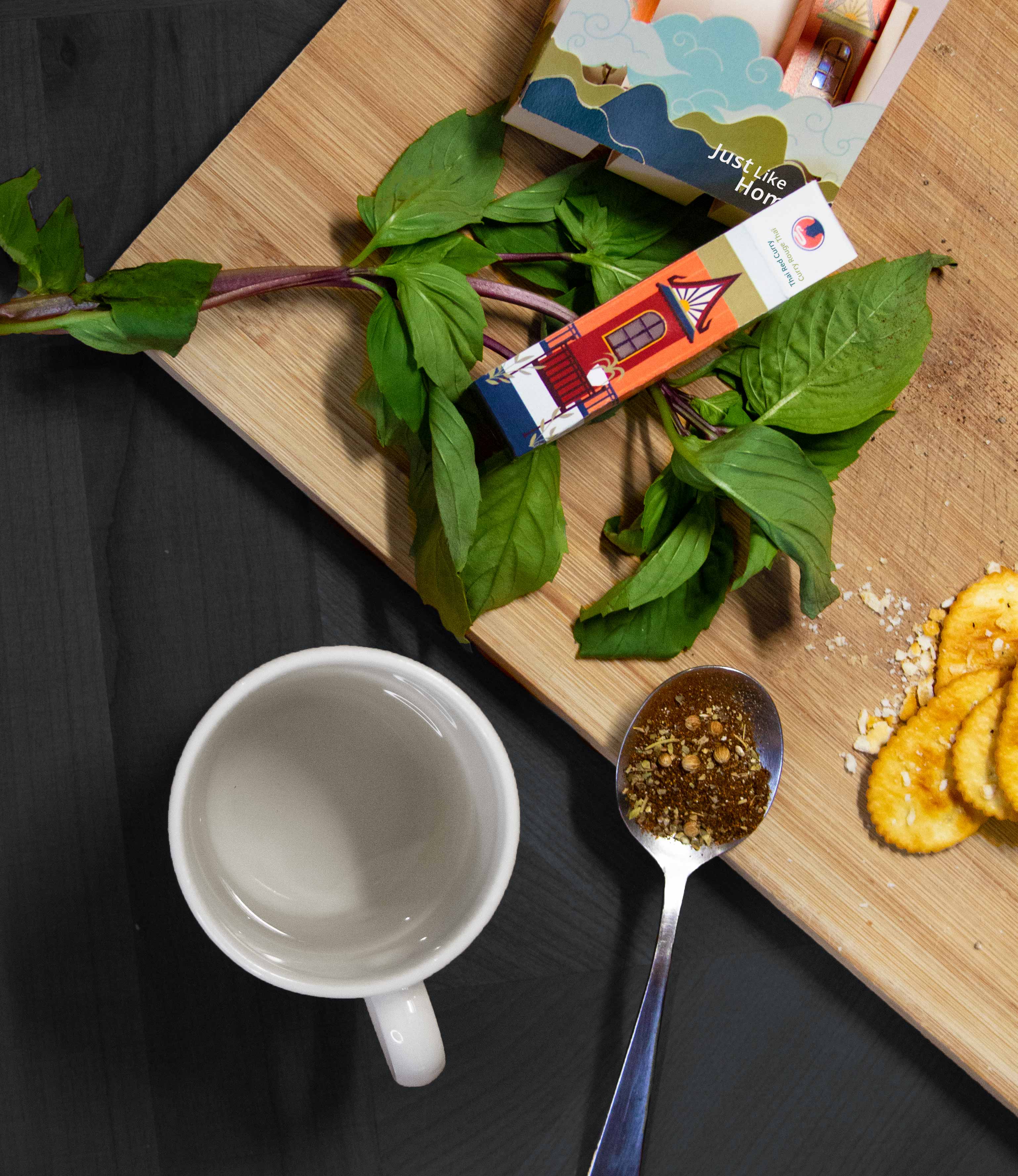 Propped shot of the container on a cutting board